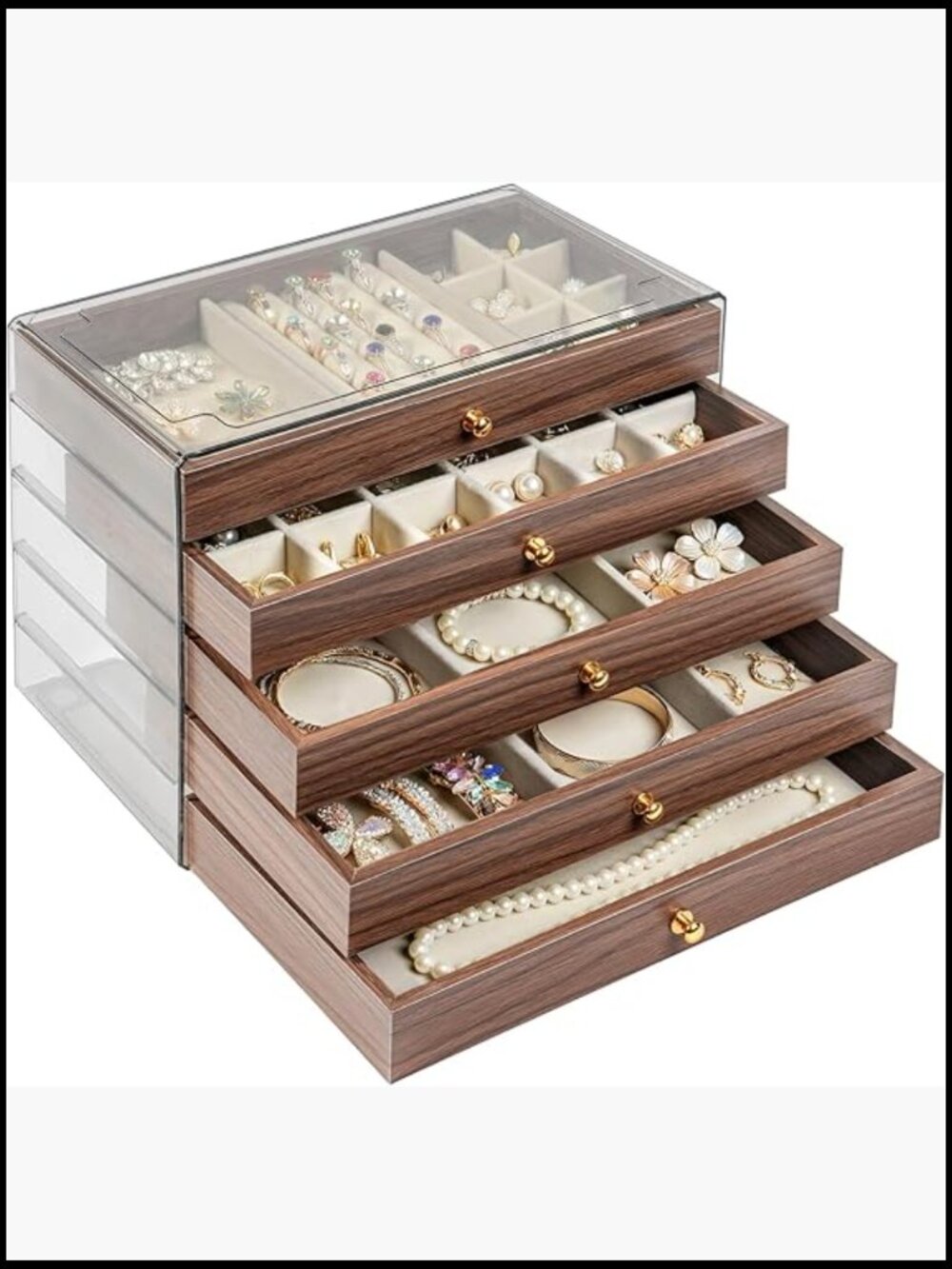 Vintage Wood Jewelry Organizer 5 Drawer Storage Case Elegant Display
